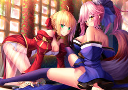 Rule 34 | 10s, 2girls, ahoge, all fours, animal ears, bare shoulders, blonde hair, blue thighhighs, blush, bow, breasts, cleavage, epaulettes, fate/extra, fate (series), flower, green eyes, hair bow, japanese clothes, kimono, long hair, looking at viewer, multiple girls, nero claudius (fate), nero claudius (fate) (all), nero claudius (fate/extra), obi, pink hair, sash, see-through, sideboob, sitting, skirt, smile, tamamo (fate), tamamo no mae (fate/extra), thighhighs, toshi (1-147)