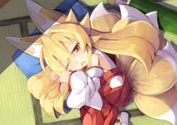Rule 34 | 1girl, aged down, animal ears, bare shoulders, chibi, detached sleeves, eyebrows, fox ears, fox tail, from above, hip vent, izuna (shinrabanshou), japanese clothes, kitsune, kyuubi, long hair, looking at viewer, lying, miko, multiple tails, on side, one eye closed, open mouth, pillow, red eyes, saru 000, shinrabanshou, sleepy, solo, tail, thick eyebrows