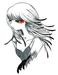 Rule 34 | 1girl, bird, bird girl, breasts, collarbone, eyelashes, feathers, highres, long hair, looking away, makeup, monochrome, multicolored hair, original, parted lips, personification, secretarybird, small breasts, solo, spaghetti strap, spot color, strap slip, streaked hair, upper body, winged arms, wings, yamakita higashi