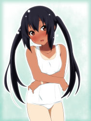 Rule 34 | 1girl, bare shoulders, black hair, blush, brown eyes, cowboy shot, crossed arms, embarrassed, face, flat chest, head tilt, ikari manatsu, k-on!, long hair, looking at viewer, nakano azusa, one-piece swimsuit, open mouth, school swimsuit, shirt tan, shorts tan, smile, solo, standing, sweat, swimsuit, tan, tanline, twintails, white school swimsuit, white one-piece swimsuit