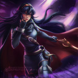 Rule 34 | 1girl, armor, axsen, black hair, blue eyes, blue hair, cape, chromatic aberration, contrapposto, elbow gloves, fingerless gloves, fire emblem, fire emblem awakening, gloves, holding, holding weapon, long hair, looking at viewer, lucina (fire emblem), nintendo, solo, standing, sword, tiara, weapon