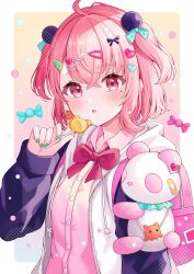 Rule 34 | absurdres, ahoge, alternate hairstyle, backpack, bag, bow, bowtie, candy, cardigan, commentary, food, green nails, hair ornament, hairclip, heart, heart hair ornament, highres, holding, holding candy, holding food, holding lollipop, hood, hooded jacket, jacket, lollipop, medium hair, mole, mole under eye, nijisanji, open clothes, open jacket, open mouth, pink bag, pink cardigan, pink eyes, pink hair, ponigiri12, red bow, red bowtie, sasaki saku, sasaki saku (1st costume), stuffed animal, stuffed panda, stuffed toy, symbol-only commentary, two side up, virtual youtuber