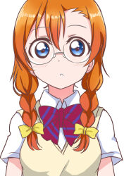 Rule 34 | 1girl, absurdres, alternate hairstyle, bespectacled, blue eyes, bow, bowtie, braid, cardigan, cardigan vest, closed mouth, collared shirt, glasses, hair bow, highres, kosaka honoka, love live!, love live! school idol project, low twin braids, orange hair, otonokizaka school uniform, red bow, red bowtie, round eyewear, school uniform, shirt, short sleeves, simple background, solo, striped bow, striped bowtie, striped clothes, sweat, twin braids, upper body, wewe, white background, white shirt, yellow bow, yellow cardigan