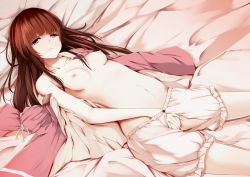 Rule 34 | 1girl, absurdres, bad id, bad pixiv id, bed sheet, bloomers, blunt bangs, breasts, brown eyes, brown hair, closed eyes, collarbone, commentary request, cowboy shot, crotchless, crotchless bloomers, female masturbation, fingering, half-closed eyes, highres, houraisan kaguya, japanese clothes, kimono, unworn kimono, long hair, looking at viewer, lying, masturbation, mu yan, navel, nipples, on back, pink kimono, small breasts, solo, stomach, topless, touhou, underwear, underwear only, white bloomers