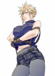 Rule 34 | 1girl, aqua eyes, blonde hair, blue shirt, breasts, cloud strife, earrings, navel, final fantasy, final fantasy vii, final fantasy vii remake, gender request, genderswap, gloves, highres, jewelry, large breasts, shirt lift, lips, covered erect nipples, pantyhose, ryouto, shirt, short shorts, shorts, single earring, sleeveless, sleeveless turtleneck, solo, spiked hair, square enix, suspenders, suspenders slip, turtleneck, open fly, white background
