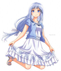 Rule 34 | 1girl, blue eyes, blue hair, blue jacket, blush, bow, closed mouth, commentary request, dress, gomasho asuka, hair ornament, hairclip, idolmaster, idolmaster million live!, idolmaster million live! theater days, jacket, light blue hair, long hair, looking at viewer, low-tied long hair, shiraishi tsumugi, short sleeves, simple background, smile, solo, white background, white dress