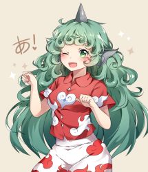 Rule 34 | 1girl, ;d, a (phrase), animal ears, blush, breasts, brown background, collared shirt, cowboy shot, curly hair, curtains, fang, green eyes, green hair, hands up, heart, horns, kaoling, komano aunn, long hair, looking at viewer, medium breasts, one eye closed, open mouth, paw pose, red shirt, shirt, short sleeves, simple background, single horn, skirt, smile, solo, sparkle, standing, tareme, touhou, translated, very long hair, white skirt