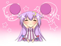 Rule 34 | 1girl, :3, = =, animal ears, arms up, bad id, bad pixiv id, bow, breasts, buri hamachi, cat ears, chibi, crescent, crescent hair ornament, etou (cherry7), closed eyes, hair bow, hair ornament, koakuma, long hair, medium breasts, patchouli knowledge, purple hair, solid circle eyes, solo, star (symbol), striped, touhou, vertical stripes, very long hair