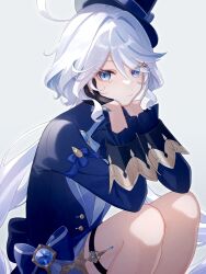Rule 34 | 1girl, ahoge, ascot, black gloves, blue ascot, blue bow, blue brooch, blue eyes, blue hair, blue hat, blue jacket, blush, bow, closed mouth, cowboy shot, furina (genshin impact), genshin impact, gloves, gradient background, hair between eyes, hana (nemukunai87), hand on own cheek, hand on own face, hat, heterochromia, highres, jacket, knee up, knees, legs, long hair, long sleeves, looking at viewer, multicolored hair, sidelocks, simple background, sitting, smile, solo, teardrop, tearing up, top hat, two-tone hair, v-shaped eyebrows, white gloves