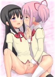 Rule 34 | 10s, 2girls, akemi homura, black hair, blue eyes, blush, censored, cleft of venus, closed mouth, eye contact, female focus, fingering, gluteal fold, hair ornament, hair ribbon, hairband, holding hands, kaname madoka, long hair, long sleeves, looking at another, mahou shoujo madoka magica, mosaic censoring, multiple girls, open mouth, pink hair, pussy, qm, ribbon, shiny skin, smile, twintails, yuri