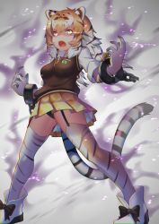Rule 34 | 1girl, absurdres, akuma (st.takuma), animal ears, animal print, aura, black panties, bow, breast pocket, broken, broken chain, brown hair, cat ears, cat tail, chain, collared shirt, cuffs, extra ears, fangs, floating hair, full body, garter straps, gloves, glowing, glowing eyes, hair bow, hands up, highres, japari symbol, kemono friends, light brown hair, long hair, long sleeves, looking at viewer, low-tied long hair, miniskirt, multicolored hair, necktie, open mouth, orange bow, orange necktie, outstretched arms, panties, pantyshot, plaid, plaid skirt, pocket, print gloves, print thighhighs, shackles, shirt, shoes, siberian tiger (kemono friends), sidelocks, skirt, sleeves rolled up, solo, sparks, spread arms, standing, streaked hair, sweater vest, tail, thighhighs, tiger ears, tiger print, tiger tail, twintails, underwear, white hair, wind, wing collar, yellow eyes, yellow skirt