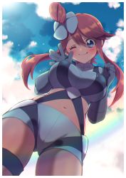 Rule 34 | 1girl, blue eyes, blue gloves, blue shorts, blush, breasts, closed mouth, cloud, commentary request, creatures (company), crop top, day, eyelashes, floating hair, from below, game freak, gloves, gym leader, hair ornament, hands up, highres, looking at viewer, mokorei, navel, nintendo, one eye closed, outdoors, pokemon, pokemon bw, red hair, short shorts, shorts, sidelocks, sky, skyla (pokemon), smile, solo