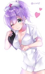 Rule 34 | 1girl, alternate costume, aoba (kancolle), blue eyes, blush, breasts, closed mouth, hair between eyes, hat, heart, heart-shaped pupils, heart in eye, kantai collection, large breasts, long hair, no bra, nurse, nurse cap, one-hour drawing challenge, one eye closed, purple hair, short sleeves, simple background, smile, solo, symbol-shaped pupils, symbol in eye, twitter username, viwop, white background