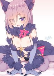 Rule 34 | 1girl, beni shake, black panties, blush, bow, breasts, cleavage, eyes visible through hair, fang, fate/grand order, fate (series), hair over one eye, large breasts, long sleeves, looking at viewer, mash kyrielight, mash kyrielight (dangerous beast), navel, official alternate costume, open mouth, panties, pink bow, purple eyes, purple hair, seiza, signature, sitting, smile, solo, underwear