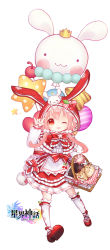 Rule 34 | 1girl, ;d, animal, animal hood, animal on head, ankle lace-up, arm up, balloon, basket, blush, bomb, bow, capelet, center frills, commentary request, copyright request, cross-laced footwear, explosive, frills, hair between eyes, hair bobbles, hair ornament, heart, heart balloon, highres, hood, hood up, hooded capelet, long hair, long sleeves, low twintails, m/, maodouzi, on head, one eye closed, open mouth, pink hair, rabbit, rabbit hood, rabbit on head, red capelet, red eyes, red footwear, red skirt, shirt, simple background, skirt, smile, solo, star (symbol), star balloon, striped, striped bow, thighhighs, twintails, white background, white shirt, white thighhighs