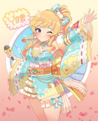 Rule 34 | 1girl, ;), absurdres, bare shoulders, beads, blonde hair, blue background, blue eyes, blush, bow, braid, breasts, cleavage, commentary request, detached sleeves, floral print, gyaru, hair bow, hands up, highres, holding, holding microphone, huge filesize, idolmaster, idolmaster cinderella girls, idolmaster cinderella girls starlight stage, japanese clothes, kimono, large breasts, long hair, looking at viewer, microphone, multicolored clothes, multicolored kimono, ohtsuki yui, one eye closed, orange bow, petals, pink background, pink bow, polka dot, polka dot bow, ponytail, sash, smile, solo, striped, striped bow, sylph kim, translation request, wide sleeves