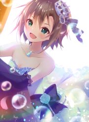 Rule 34 | 1girl, :d, backlighting, black bow, black gloves, blush, bow, breasts, brown hair, cleavage, collarbone, crown, dress, elbow gloves, gloves, green eyes, hair between eyes, idolmaster, idolmaster cinderella girls, jewelry, mini crown, necklace, open mouth, rocomani, short hair, sleeveless, sleeveless dress, small breasts, smile, solo, sparkle, strapless, strapless dress, tada riina, white dress