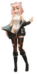 Rule 34 | 1girl, animal ear fluff, animal ears, arknights, barbariank, bare shoulders, black footwear, black jacket, blush, boots, breasts, brown eyes, brown thighhighs, commentary, covered navel, english commentary, full body, gravel (arknights), hair between eyes, heattech leotard, highleg, highleg leotard, highres, jacket, knee boots, leotard, long hair, looking at viewer, off shoulder, open clothes, open jacket, pink hair, simple background, sleeveless, small breasts, smile, solo, thighhighs, torn clothes, torn thighhighs, turtleneck, w, white background, white leotard