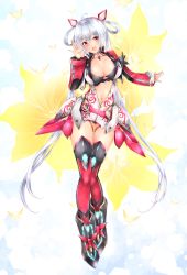 Rule 34 | 1girl, :d, absurdly long hair, ahoge, black bra, black panties, bra, breasts, cleavage, collarbone, flower, frofrofrost, full body, hair ornament, head tilt, highres, innocent cluster, large breasts, long hair, looking at viewer, matoi (pso2), midriff, navel, open mouth, panties, phantasy star, phantasy star online 2, red eyes, silver hair, smile, solo, stomach, thighhighs, twintails, underwear, very long hair, yellow flower