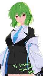 Rule 34 | 1girl, absurdres, artist name, black jacket, black skirt, blue archive, blue necktie, coat, collared shirt, commission, commissioner name, cosplay, formal, green hair, hair between eyes, highres, jacket, kazami yuuka, miniskirt, name connection, necktie, off shoulder, open clothes, open jacket, pleated skirt, red eyes, rise (rise19851203), shirt, short hair, skeb commission, skirt, solo, suit, thank you, touhou, white background, white coat, white shirt, yuuka (blue archive), yuuka (blue archive) (cosplay)