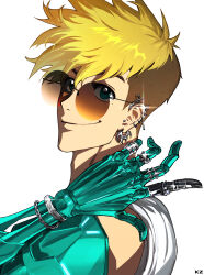 Rule 34 | 1boy, blonde hair, blue eyes, closed mouth, ear piercing, earrings, hand up, highres, jewelry, looking at viewer, male focus, mole, mole under eye, piercing, prosthesis, prosthetic arm, ring, round eyewear, runred, shirt, short hair, simple background, sleeveless, sleeveless shirt, smile, solo, sunglasses, trigun, trigun stampede, upper body, vash the stampede, white background, white shirt