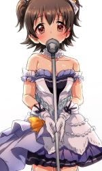 Rule 34 | 10s, 1girl, akagi miria, bad id, bad pixiv id, bare shoulders, black hair, brown eyes, dress, gloves, idolmaster, idolmaster cinderella girls, idolmaster cinderella girls starlight stage, looking at viewer, microphone, microphone stand, restaint, short hair, simple background, sketch, solo, sweat, white background, white gloves