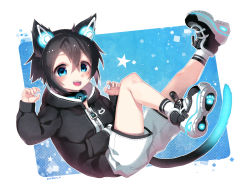 Rule 34 | 1boy, android, animal ears, artist name, bad id, bad pixiv id, black hair, blue eyes, cat boy, cat ears, collar, commentary request, fangs, hood, hoodie, looking at viewer, male focus, nabenko, neon trim, open mouth, original, robot ears, shoes, shorts, smile, solo, tail