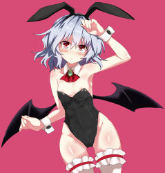 Rule 34 | 1girl, animal ears, areola slip, ascot, bat wings, black leotard, black wings, breasts, closed mouth, cowboy shot, detached collar, frilled thighhighs, frills, groin, highres, leotard, looking at viewer, playboy bunny, rabbit ears, red ascot, red background, red eyes, remilia scarlet, short hair, simple background, small breasts, solo, standing, tasuki seiichi, thighhighs, touhou, white hair, white thighhighs, wings, wrist cuffs