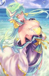 Rule 34 | 1girl, absurdres, aqua hair, bare shoulders, bikini, blush, bow, breasts, cleavage, dragon girl, dragon horns, fate/grand order, fate (series), gore (white gore), green eyes, hair bow, hair ribbon, highres, horizon, horns, japanese clothes, kimono, kiyohime (fate), kiyohime (fate/grand order), kiyohime (swimsuit lancer) (fate), kiyohime (swimsuit lancer) (first ascension) (fate), large breasts, long hair, looking at viewer, open mouth, ribbon, solo, standing, swimsuit, water