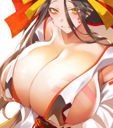 Rule 34 | 1girl, absurdres, bad id, bad pixiv id, bare shoulders, bead necklace, beads, black hair, breast hold, breasts, cleavage, closed mouth, facial mark, fate/grand order, fate (series), forehead, hair between eyes, headpiece, highres, himiko (fate), himiko (third ascension) (fate), huge breasts, japanese clothes, jewelry, kimono, long hair, long hair between eyes, long sleeves, looking at viewer, magatama, magatama necklace, necklace, no bra, off shoulder, parted bangs, sideboob, smile, takakido jinguuji, white kimono, wide sleeves