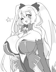Rule 34 | 1girl, akitokage, anne bonny (fate), ascot, belt, blush, breasts, center opening, cleavage, detached collar, detached sleeves, fate/grand order, fate (series), greyscale, highres, huge breasts, long hair, long sleeves, looking at viewer, monochrome, one eye closed, open mouth, pencil skirt, skirt, smile, solo, star (symbol), two side up