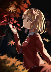 Rule 34 | 1girl, aki shizuha, autumn leaves, blonde hair, buttons, collared shirt, commentary, fingernails, from side, hair ornament, highres, leaf, leaf hair ornament, long sleeves, maple leaf, open mouth, red shirt, red skirt, shirt, short hair, skirt, solo, touhou, upper body, urochii (ju2ti6jgpt), yellow eyes
