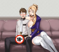 Rule 34 | 00s, 1boy, 1girl, between breasts, blonde hair, blue eyes, blush, breasts, brown hair, choker, cleavage, couch, devil-v, discipline: the record of a crusade, dress, full body, garter straps, hair bun, huge breasts, impossible clothes, lips, lipstick, makeup, microskirt, minidress, miniskirt, mole, mole under mouth, morimoto reina, open mouth, original, panties, pantyshot, pencil skirt, school uniform, sexually suggestive, single hair bun, sitting, skirt, thighhighs, underwear, white panties, white thighhighs