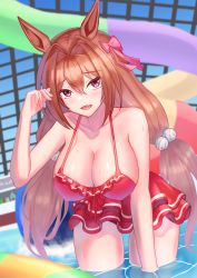 Rule 34 | 1girl, animal ears, answering, bare shoulders, bikini, blush, bow, breasts, cleavage, collarbone, daiwa scarlet (trifle vacation) (umamusume), daiwa scarlet (umamusume), fang, hair bobbles, hair bow, hair ornament, hanging breasts, highres, horse ears, horse girl, large breasts, looking at viewer, low twintails, official alternate costume, open mouth, partially submerged, red bikini, red bow, solo, swimsuit, twintails, umamusume, water, water slide, window