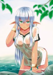 Rule 34 | 1girl, arm up, dress, ear piercing, elf, green eyes, hand in own hair, iwanori, long hair, no bra, original, piercing, pointy ears, see-through, silver hair, solo, water, wet, wet clothes, wet dress, wet hair, white dress, wristband