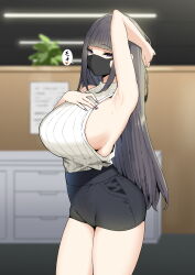 Rule 34 | 1girl, aimi (sky-freedom), arm up, armpits, bare arms, bare shoulders, black hair, black shorts, blunt bangs, blurry, blurry background, breasts, covered mouth, heart, highres, indoors, joshi kousei rich thots, large breasts, looking at viewer, mask, mouth mask, original, purple eyes, shorts, sky-freedom, sleeveless, solo, thighs, translation request
