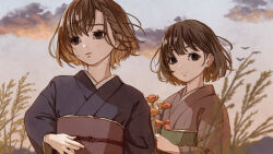 Rule 34 | 2girls, blurry, blurry background, brown eyes, brown hair, closed mouth, eyelashes, flower, flower request, highres, holding, holding flower, japanese clothes, kimono, meihachiya, multiple girls, original, outdoors, parted lips, short hair, upper body, wheat, wide sleeves
