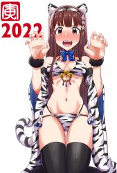 Rule 34 | 1girl, alternate costume, animal ears, bell, bikini, black thighhighs, blunt bangs, blush, brown eyes, brown hair, chinese zodiac, commentary request, flower, hair flower, hair ornament, hairband, highres, idolmaster, idolmaster million live!, long hair, looking at viewer, navel, new year, open mouth, run p (aveton), shawl, solo, string bikini, sweatdrop, swimsuit, tail, tanaka kotoha, thighhighs, tiger ears, tiger stripes, tiger tail, white background, year of the tiger