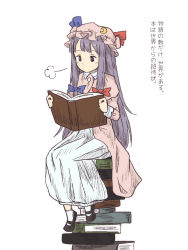 Rule 34 | 1girl, book, book stack, bow, chi-kun (seedyoulater), chii-kun (seedyoulater), crescent, hair bow, hat, long hair, patchouli knowledge, purple hair, ribbon, solo, touhou, translation request