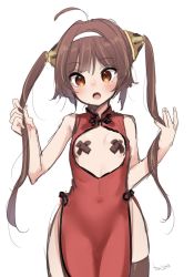 Rule 34 | 1girl, :o, ahoge, azur lane, bare arms, bare shoulders, brown hair, brown thighhighs, china dress, chinese clothes, cleavage cutout, clothing cutout, commentary, dress, flat chest, hairband, hands up, highres, long hair, looking at viewer, mojarin (kihara mojarin), pasties, ping hai (azur lane), red dress, red eyes, side slit, simple background, single thighhigh, sketch, sleeveless, sleeveless dress, solo, thighhighs, twintails, white background