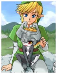 Rule 34 | 1boy, 1girl, blush, konpeto, link, lowres, midna, nintendo, outdoors, sitting, sitting on lap, sitting on person, size difference, the legend of zelda, the legend of zelda: twilight princess