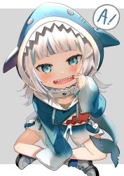 Rule 34 | 1girl, a (phrase), animal hood, blue eyes, blue hair, blue hoodie, blunt bangs, blush, catchphrase, cheek pull, commentary, crossed legs, fangs, fins, fish tail, from above, full body, gawr gura, gawr gura (1st costume), grey background, highres, hololive, hololive english, hood, hoodie, indian style, looking at viewer, medium hair, mouth pull, multicolored hair, open mouth, satoupote, shark hood, shark tail, sharp teeth, shoes, silver hair, simple background, sitting, smile, solo, speech bubble, symbol-only commentary, tail, teeth, two-tone hair, virtual youtuber, white footwear