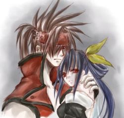 Rule 34 | 1boy, 1girl, arc system works, bare back, brown eyes, brown hair, dizzy (guilty gear), expressionless, grey background, guilty gear, hair ribbon, headband, hetero, hug, looking at viewer, lowres, parted lips, purple hair, red eyes, ribbon, simple background, sol badguy, spiked hair, upper body