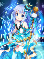 Rule 34 | 1girl, :d, bare shoulders, blue eyes, blue hair, commentary request, crown, daydream show, drill hair, gloves, glowstick, gochuumon wa usagi desu ka?, hair ornament, idol, ikataruto, kafuu chino, knees together feet apart, long hair, looking at viewer, microphone, open mouth, smile, snowflakes, solo, stage, tippy (gochiusa), twin drills, two side up, white gloves, x hair ornament