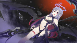 Rule 34 | 1girl, black bra, blue leotard, blue thighhighs, blurry, bra, breasts, clothing cutout, crossed bangs, crotch seam, demon wings, depth of field, detached sleeves, dutch angle, fang, fantasy, fhang, glaive (polearm), gradient hair, grey hair, hair between eyes, halo, halterneck, hand on own hip, highres, holding, holding weapon, leotard, long hair, looking at viewer, medium breasts, multicolored hair, navel, navel cutout, open mouth, original, pointy ears, polearm, red eyes, red hair, revealing clothes, scythe, single thighhigh, smile, solo, spear, standing, thigh strap, thighhighs, thighs, underwear, weapon, wings