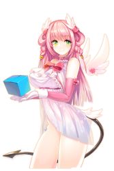 Rule 34 | 1girl, angel wings, blush, breasts, cleavage, collarbone, demon tail, elbow gloves, gloves, green eyes, hair ornament, hasel (soccer spirits), heart, highres, large breasts, long hair, looking at viewer, pink hair, smile, snowball22, soccer spirits, solo, tail, transparent background, white gloves, white wings, wings