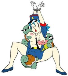 Rule 34 | 1girl, bdsm, blue hair, bondage, bound, breasts, creatures (company), cuffs, cunnilingus, game freak, gen 1 pokemon, handcuffs, jenny (pokemon), john postma, jpeg artifacts, large breasts, legs, licking, nintendo, nipples, oral, pokemon, pokemon (anime), pokemon (classic anime), pokemon (creature), pokephilia, simple background, skirt, solo, spread legs, squirtle, tongue, white background
