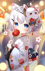 Rule 34 | 1girl, :3, animal ear fluff, animal ears, artist name, blue eyes, blurry, blurry background, blush, bow, braid, braided bun, candy apple, closed mouth, commentary request, cowboy shot, dot nose, festival, flower, food, food stand, frilled sleeves, frills, fujii shino, glowing flower, hair bow, hair bun, hair flower, hair ornament, hairclip, heart, heart of string, holding, holding food, japanese clothes, kimono, lantern, licking, light particles, looking at viewer, looking to the side, mask, mask on head, obi, original, print kimono, print sash, rabbit mask, sash, short hair, tail, unworn mask, watermark, white hair