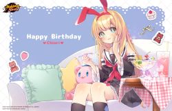 Rule 34 | + +, 1girl, blonde hair, blue eyes, cherry, copyright name, copyright notice, couch, cup, cupcake, detached sleeves, drinking glass, drinking straw, eating, food, fruit, happy birthday, highres, holding, holding spoon, ice cream, logo, mahjong soul, mikami chiori, official art, osanai mei (artist), pillow, sailor collar, sitting, solo, sparkle, spoon, strawberry, stuffed animal, stuffed toy, sundae, tablecloth, teddy bear, yostar