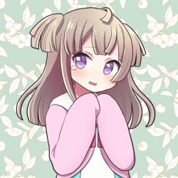 Rule 34 | 1girl, ahoge, berry, blue background, blunt bangs, blunt ends, blush, brown hair, cardigan, floral background, hands up, highres, koyoshi yoko, leaf, long hair, long sleeves, looking at viewer, open mouth, pink cardigan, pretty series, pripara, purple eyes, sleeves past fingers, sleeves past wrists, solo, tearing up, tsukikawa chili (normal), two side up, upper body